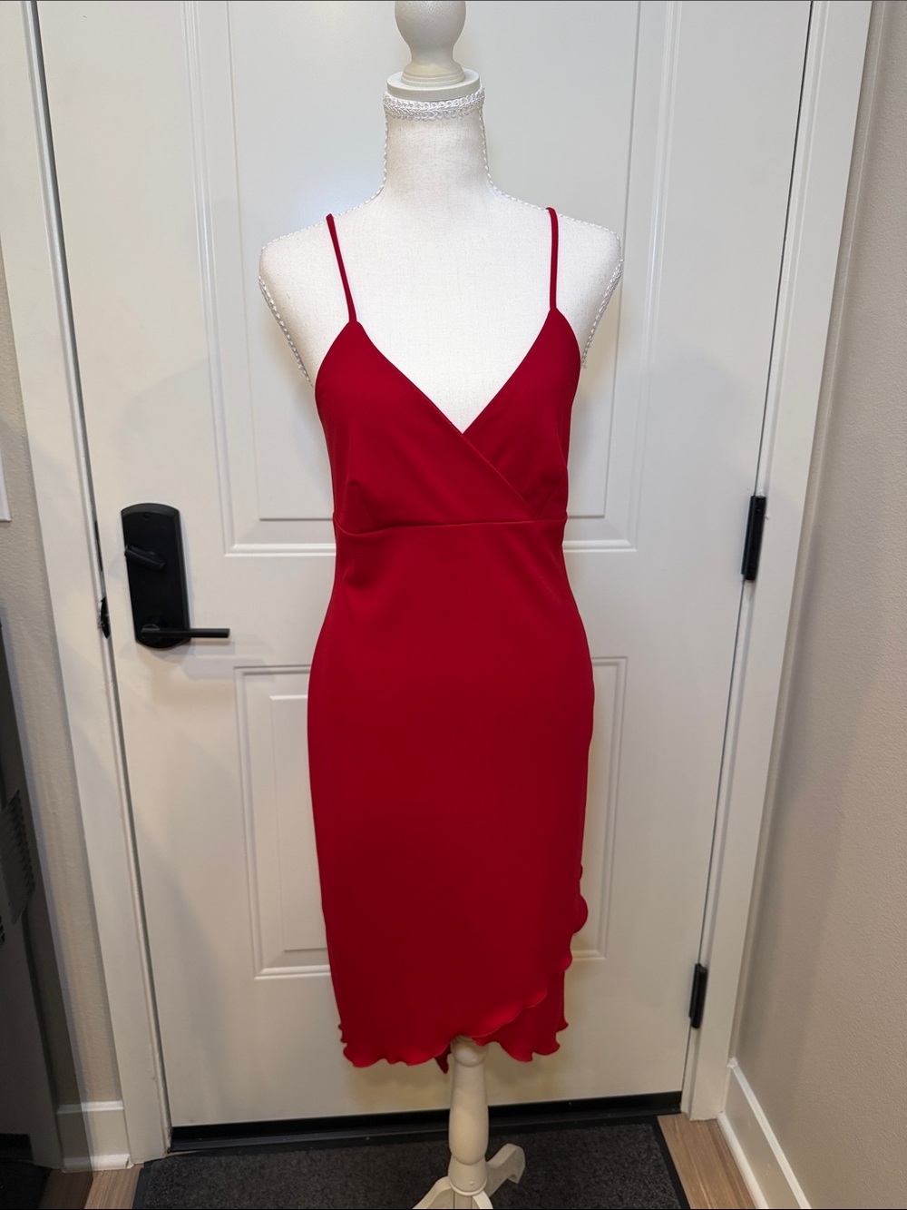 Red Midi Slip Dress with V-Neck and Spaghetti Straps